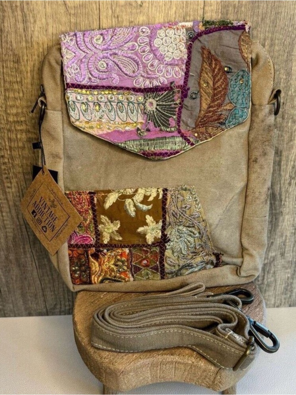 Patchwork Embroidered Crossbody Bag in Purple